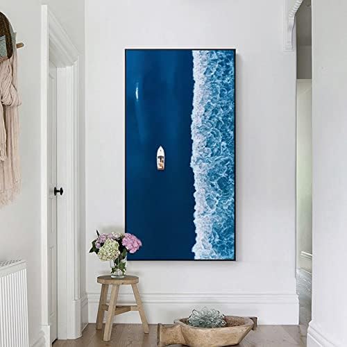 Рачно насликано вертикално масло за сликање - Апстрактна сценографија со сини океани со голема големина на маслото сликарство на