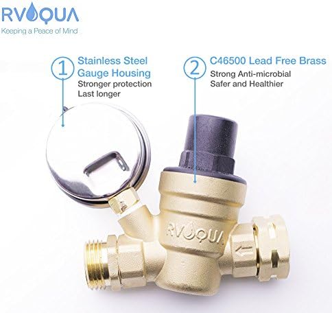 RVAQUA M11-45PSI Регулатор за притисок на вода за RV Camper-месинг без олово прилагодлив RV редуктор на притисок на вода со 160 PSI