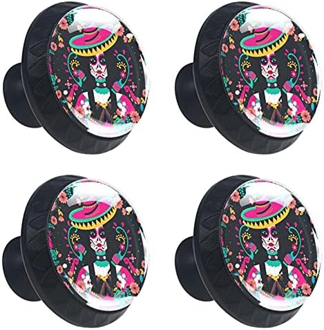 Копчиња за фиоки за фиоки на кабинетот череп жени црни кујнски копчиња модерни влечења и копчиња 4 парчиња 1,37 × 1,10in