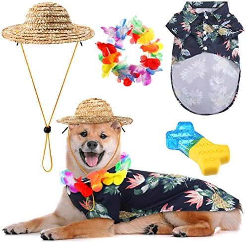 Хавајски костуми за кучиња, вклучително и хавајски маички за кучиња, прилагодлива слама капа, шарени украси кучиња, тетих, ладење