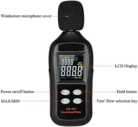 LDCHNH Дигитален мерач на ниво на звук LCD 35-135DB Волумен на бучава Мерички инструмент за мониторинг на децибели со режим на задржување