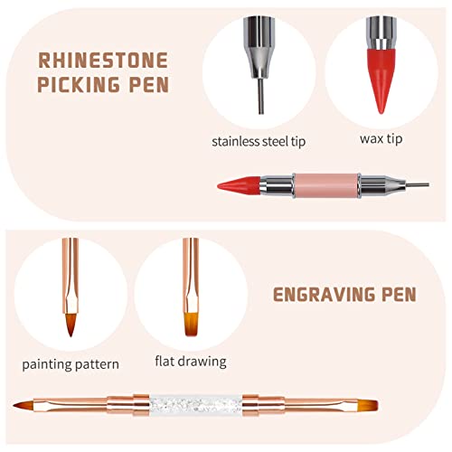 UnaOne [2 пакет] Rhinestone Picker & Nail Brush Flat Pent, двојна крајна уметност за нокти, избирање на пенкало за избирање на скапоцени