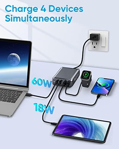 USB C Charger 90W, 4 станица за полнење на порта со 2 PD USB C + 2 USB A, креативен дизајн брз полнач компатибилен со лаптопите