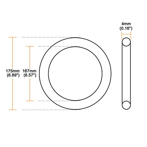 Uxcell нитрилна гума О-прстени 175мм ОД 167мм ID 4мм ширина, метричка запечатување заптивка, пакет од 1