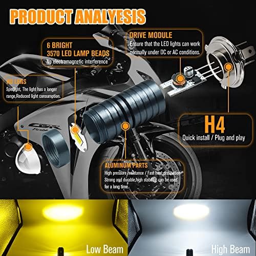 BUKERME H4 LED Мотоцикл, Килибар Ниско Светло/ Бело Долго Светло Двојна Боја 9003 HB2 LED Светилки СО Леќа За Мотоцикл Атв Автомобили.2-Пакување.