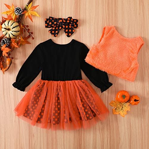 Детско дете бебе девојче Ноќта на вештерките облека со долг ракав портокалова карирана фустан од тиква печатење половината елек елек