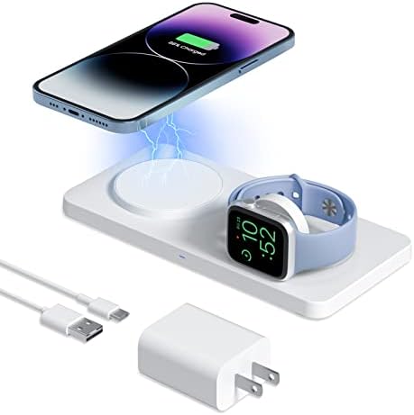 Подлога за безжично полнење за уредот Apple, Geekera Magnetic 2 во 1 двоен безжичен полнач Magsafe за iPhone 14/13/12 Pro Max/Pro/Mini, Apple Watch Ultra/8/7/6/SE/5/4/3, AirPods 3, AirPods 3, AirPods 3 /Про 2