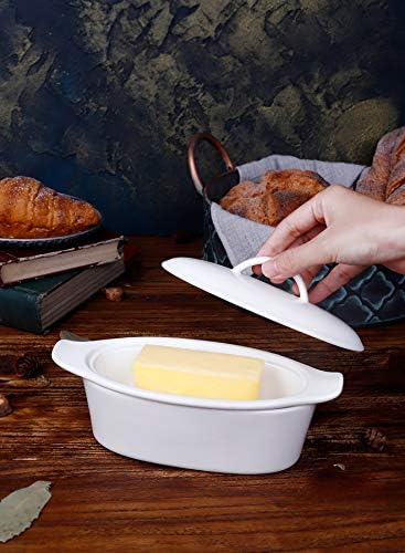 Голем сад со путер со капак - Херметички сад за чувари на путер држи до 2 стапчиња путер - порцелански контејнер со бука дрвен капак, бел, подобар