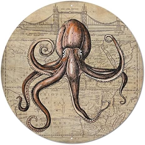 Наутички океан тема море октопод и стари мапи тркалезни метални калај знаци плакета гроздобер метална уметност отпечатоци потресен