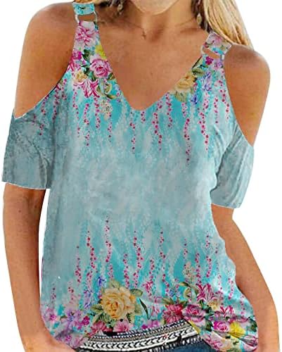 Студените врвови на рамото за жени, летни врвови за жени 2023 трендовски врвни маици цветни графички маички слатки фустани блузи