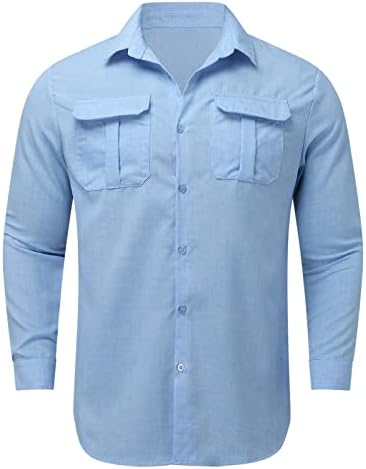 Кошули за машка постелнина XXBR паѓаат копче со долг ракав надолу со двојни џебови фустани кошула за вртење на јака обични кошули