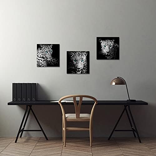 Artkissmore леопард платно wallидна уметност 3 парчиња црно бело задебелување на очите на животински отпечатоци на платно за модерна
