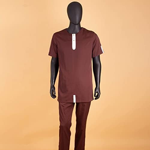 Базин Рише Африканска Традиционална Облека За Мажи Кошули И Панталони Со Кратки Ракави 2 Парчиња Комплет Облека За Дашики Блуза
