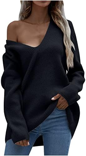 Женски џемпери Туника на врвови со ребрести плетени пулвер, кој е обичен долги ракави со долги ракави со цврста боја на врата, преголем