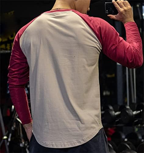 Ангонџивел Менс со долги ракави, екипаж на вратот, памучна боја, блокирана капка капка опашка маица маица фитнес облека