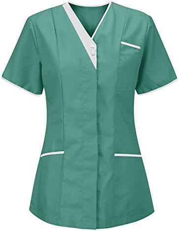 Врвови за женски туники со кратки ракави V-вратот за униформа клиника за негувателна боја, цврста боја заштитна облека со џебови со