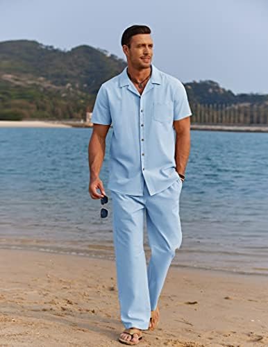 COOFANDY Men 2 Piece Linen Outfit Beach Button Down Shirt Casual Loose Pant Sets