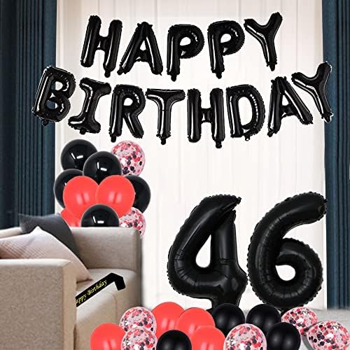 Црна 46 -та роденденска забава украси за резерви на црна тема среќен роденден и торта за торта 46 балони за роденденски фолија