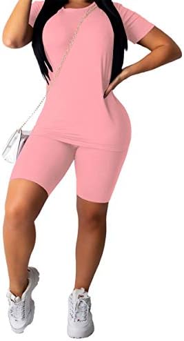 Michellecmm Жени 2pcs Спортски Сет, Еднобоен Краток Ракав Круг Вратот Врвот, Висок Половината Еластична Лента Кратки Панталони Јога