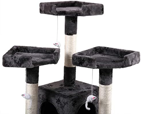 Повеќеслојна мачка Дрво Сива Мачка Дрво Кула Со Игра Тунел И Интерактивна Играчка-Совршена За Забава На Мачки На Повеќе Нивоа