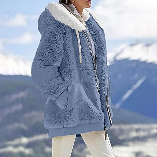 Nokmopo Зимски палта за жени модни обични лабави плишани долги ракави поштенски џебни качулки удобно топло зимско палто