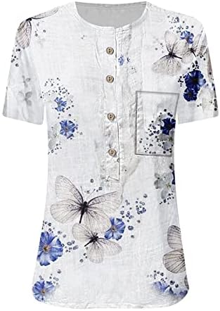 Женски врвови облечени лежерни памучни постелнини копче надолу кошули трендовски графички графички печатени маици со краток ракав за