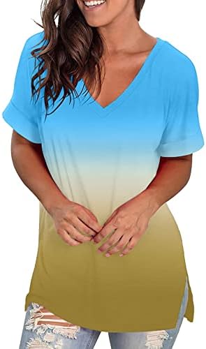 Lyубовни маички маички градиентски блуза во боја V-врат пулвер летен краток ракав лабава обична маица Туника врвови