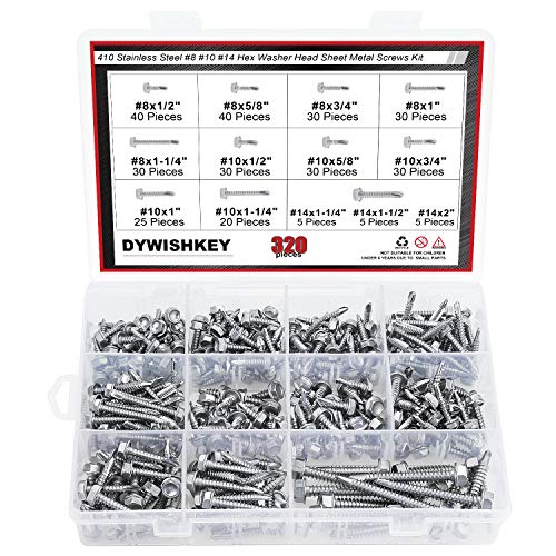 Dywishkey 320 парчиња 410 не'рѓосувачки челик#8#10#14 хексадецимална мијалник за миење садови за лим за лимчиња за метални завртки за асортиман за асортиман