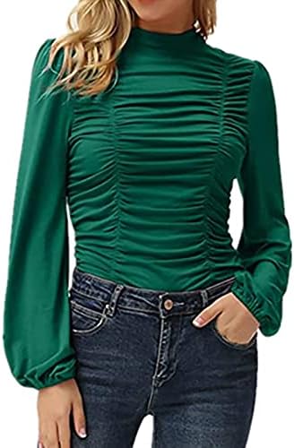 Женски модни цврсти бои долги ракави на фенер со високи врат -плетени тенок моден дуксери џемпери џемпери