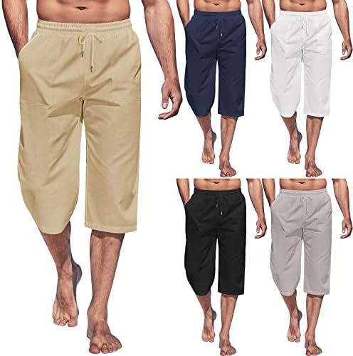 памучни постелнина панталони за мажи, панталони со капри хареми, влечење еластична половината, спортски панталони, јога пантолони