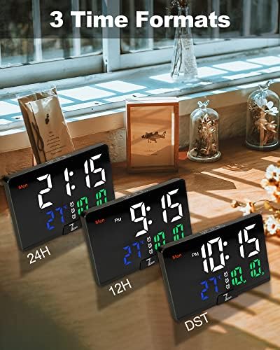 Дигитален часовник за аларм RGB, голем број шарен часовник со календари со датум, температура, 3 аларм, 6,5 екран и 4 затемнувач,