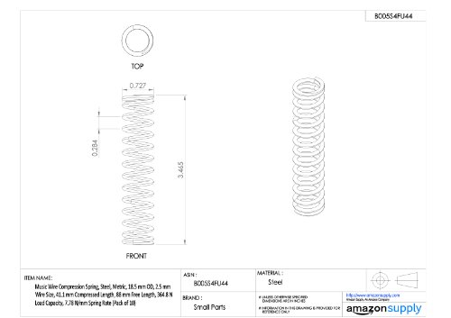 Компресија на музичка жица пролет, челик, метрика, 18,5 мм ОД, 2,5 мм големина на жица, 14,61 мм компресирана должина, 27,5 мм бесплатна