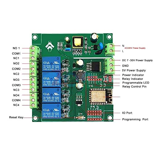 AC 90-250V/DC 7-30V/5V напојување ESP8266 ESP-12F WIFI Програмибилен развој на модулот 4 канали за реле за IoT Arduino