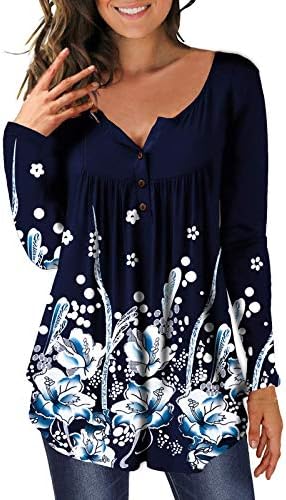 Maseенски Хенли блуза мода цветно печатено копче со долг ракав нагоре кошули, обични врвови на тунични врвови за хеланки