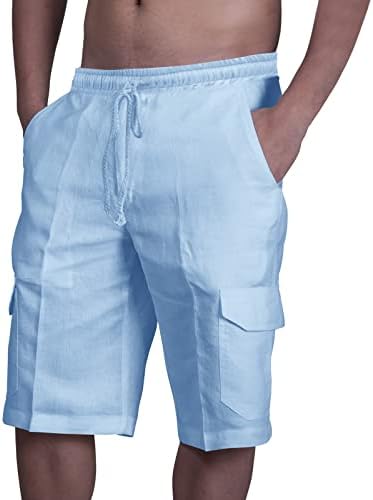 Здфер памучни ленени карго шорцеви за мажи, обични летни забави за одмор шорцеви на плажа Хаваи со џебови со џебови