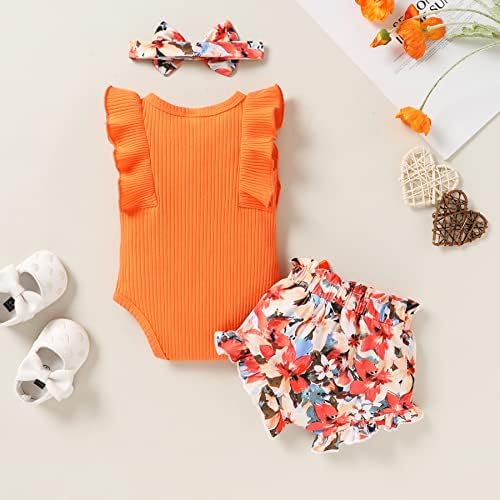 Мала симпатична облека за девојчиња за новороденчиња летни облеки поставени римперки за ракави и цветни шорцеви со лента за глава