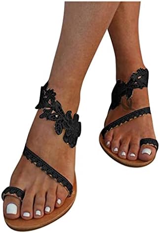 Летни сандали на Едуавар за жени, обични цветни прстени со прстени од пети на удобно чипка рамни сандали со тркалезни пети платформа Флип апостолки