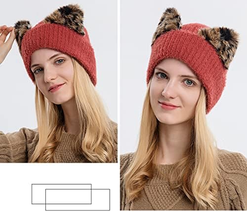 Yekeyi beanie капа за жени симпатична мачка уво зимска капа со рогови со рогови, плетени манжетни топло скијачки капачиња