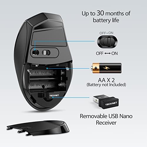 TECKNET Безжичен Глушец, 2.4 G USB Компјутерски Глушец со 6-Ниво Прилагодливи 3200 DPI, 30 Месеци Батерија ,onomономски Зафати, 6 Копчиња
