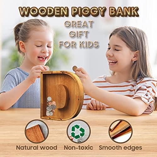 Piggy-Bank за деца момчиња девојчиња големи свинги банки 26 англиска азбука писмо, персонализирана дрвена, транспарентна кутија за заштеда