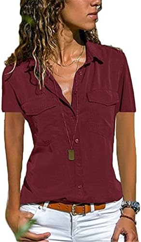 Andongnywell женски кратки ракави маица обична V вратот со ракав за ракав со ракав надолу со блузи кошули врвот со џеб