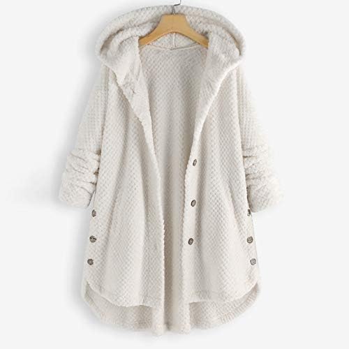 Џебно палто Неправилно копче со долги качулки, лесен ракав, плус големина руно јакна плус големина женски палто