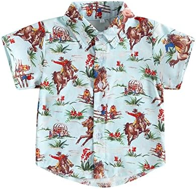 Детето бебе момче западно облекување крава копче за печатење на кошули лапел со кратки ракави фустан кошула каубојски летни врвови на врвови