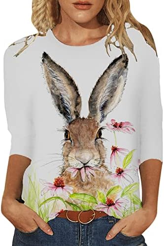 Кошули за жени екипаж симпатична зајаче зајак графички 3/4 ракав Туника врвови, обичен празник за блуза