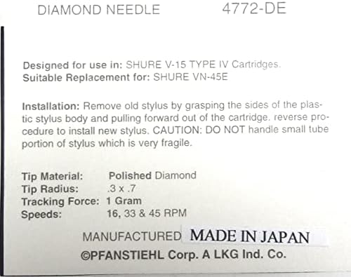 PFANSTIEHL Фонографска елипсовидна дијамантска игла Компатибилна замена за кертриџ Shure V15 Type IV 4 VN-45E
