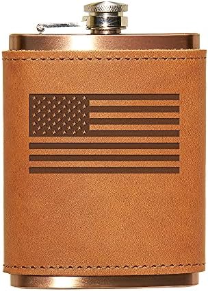 Оови Производи | Американско Знаме Кожа Завиткана Колба | Кутија Сет | Доаѓа со 8 Унца Бакарна Колба| Вистинска Кожа | Направена во САД
