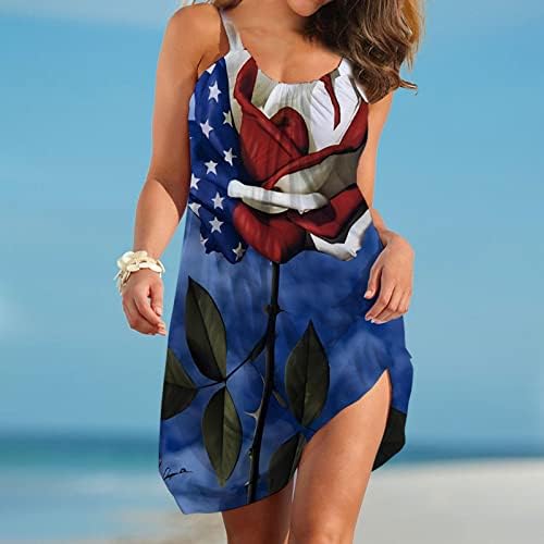 4 јули Лето Обични Фустани На Плажа За Жени Знаме На САД Боемски Фустан Лажичка Без Ракави Течен Лабав Мини Сарафан
