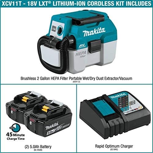 Makita XCV11T 18V LXT® литиум-јонски безжичен безжичен 2 галон ХЕПА филтер Преносен влажен/сув екстрактор за прашина/вакуумски комплет