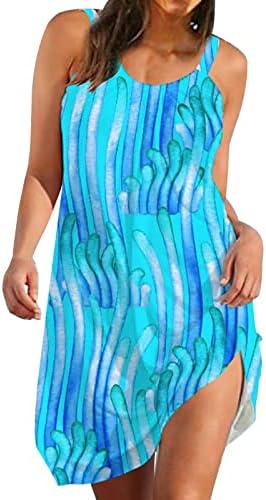 Летен фустан на Gdjgta за жени без ракави за печатење на цртан филм за печатење на елек, бохо, случајни ленти за плажа, замав.