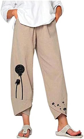 Памук постелнина исечени панталони жени за жени летни обични капри панталони со џебови лабави вклопени бохо удобни панталони за плажа